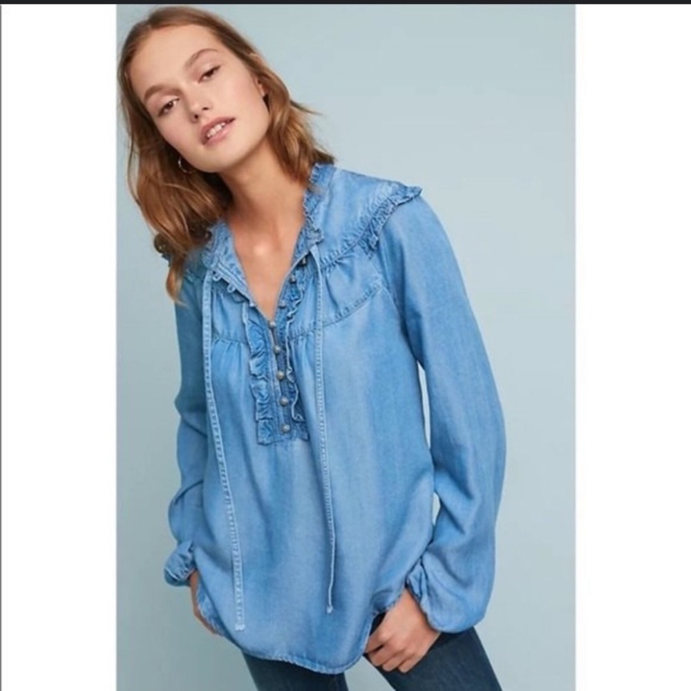 💫Anthropologie | Chambray Ruffle Blouse